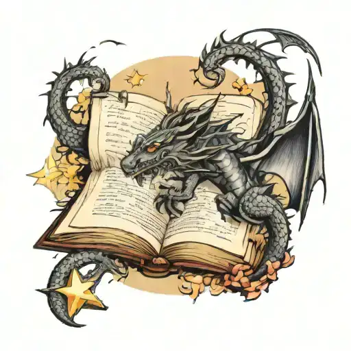 Book with dragon moon stars tattoo design idea