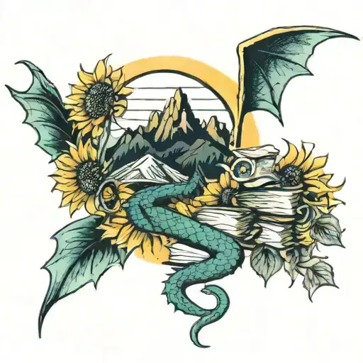 Sunflowers, mountains, books, dragons, qoute womanly  tattoo design idea
