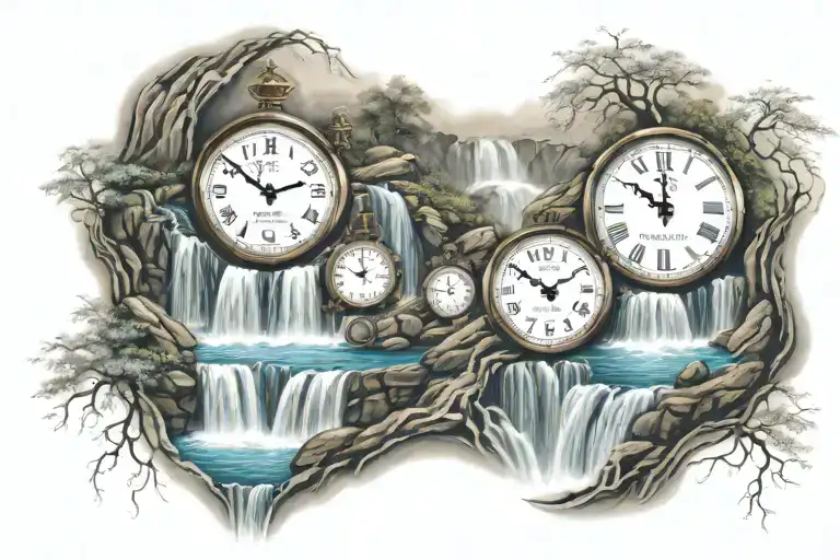 multiple waterfall scenes with a clock and numbers 1,3,11,26,33 flowing throughout the water  tattoo design idea