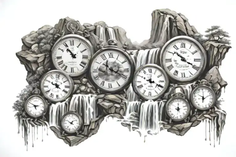 multiple waterfall scenes with a clock and numbers 1,3,11,26,33 flowing throughout the water  tattoo design idea
