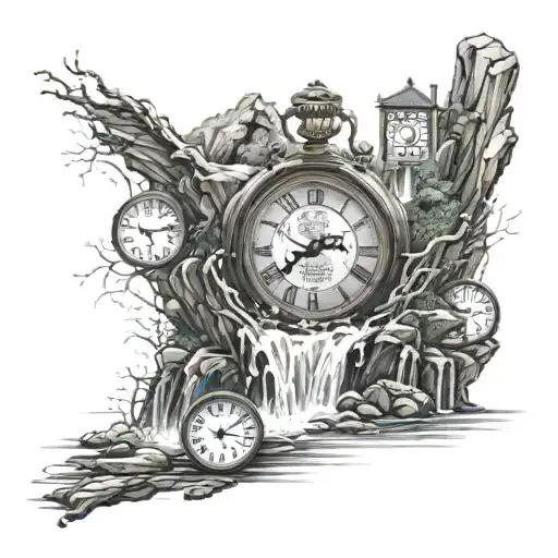 multiple waterfall scenes with a clock and numbers 1,3,11,26,33 flowing throughout the water  tattoo design idea