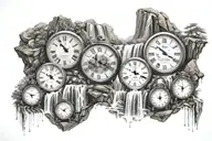 multiple waterfall scenes with a clock and numbers 1,3,11,26,33 flowing throughout the water  tattoo design idea