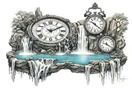 multiple waterfall scenes with a clock and numbers 1,3,11,26,33 flowing throughout the water  tattoo design idea