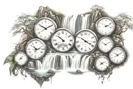 multiple waterfall scenes with a clock and numbers 1,3,11,26,33 flowing throughout the water  tattoo design idea