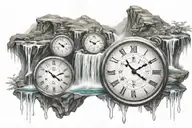 multiple waterfall scenes with a clock and numbers 1,3,11,26,33 flowing throughout the water  tattoo design idea