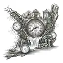 multiple waterfall scenes with a clock and numbers 1,3,11,26,33 flowing throughout the water  tattoo design idea