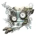 multiple waterfall scenes with a clock and numbers 1,3,11,26,33 flowing throughout the water  tattoo design idea