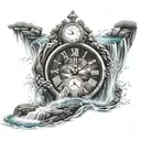 multiple waterfall scenes with a clock and numbers 1,3,11,26,33 flowing throughout the water  tattoo design idea