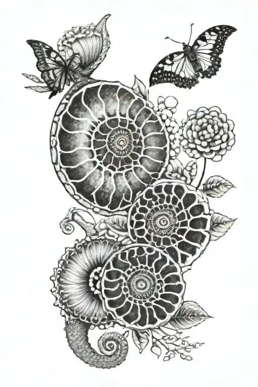 ammonites with a big flower inside  tattoo design idea