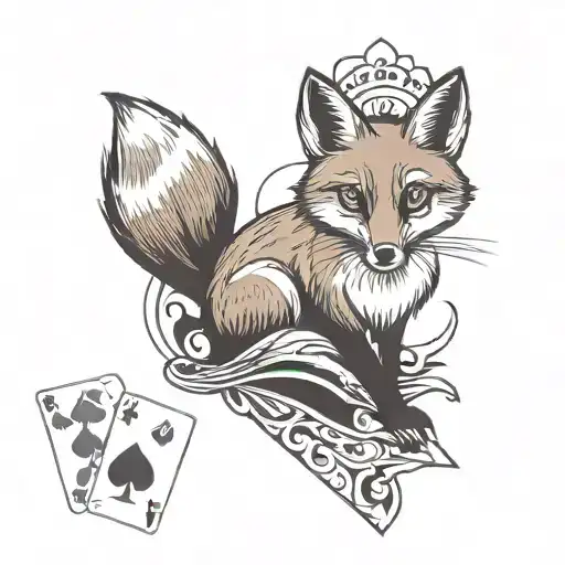 Small minimal fox sitting on a square background, accented by calligraphy brush strokes, with 4 large Aces playing cards tattoo design idea