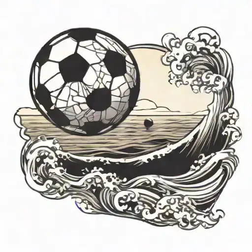 A blackwork tattoo of a soccer ball breaking through ocean waves under a setting sun tattoo design idea