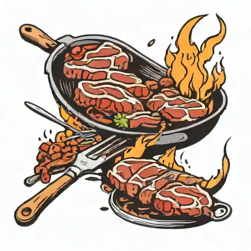 meat roasted over fire in pan tattoo design idea