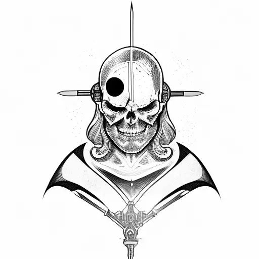 add an eye on his forehead and a crossbow behind him tattoo design idea