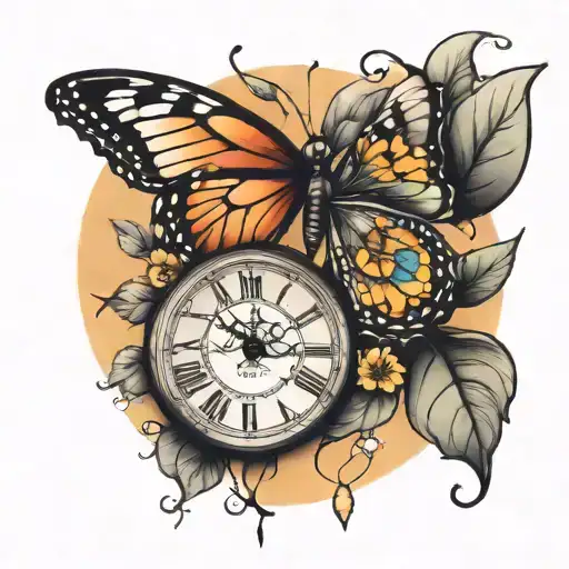 two clocks butterfly, cross, aspen trees colors sunset tattoo design idea