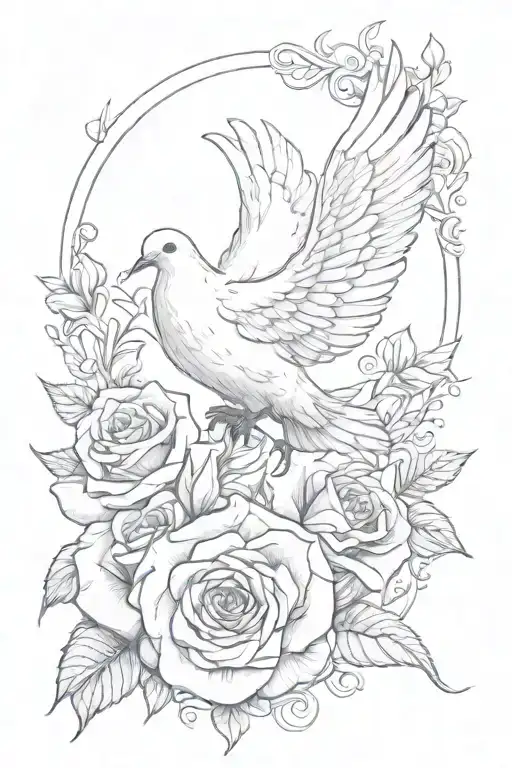 dove life line with the letter E and an eternal rose tattoo design idea