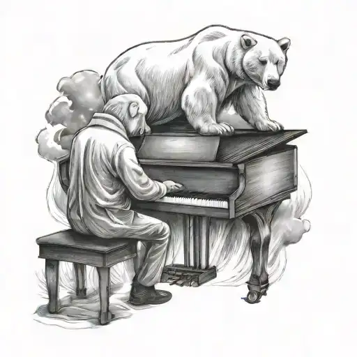 A polar bear playing a grand piano under the northern lights, capturing the beauty of nature and music combined tattoo design idea
