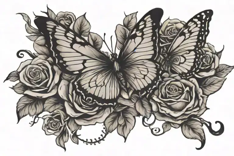 butterfly landing and taking off from rose intertwined  tattoo design idea