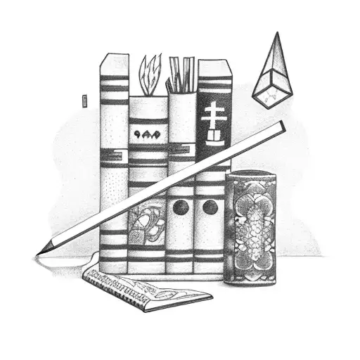 A dotwork tattoo of a bookshelf filled with anime and series characters tattoo design idea