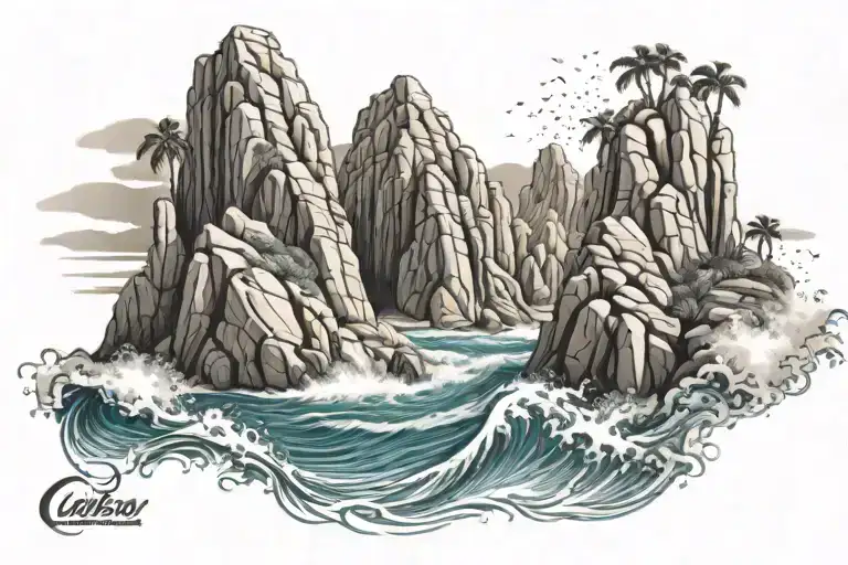 cabo san lucas rock formation with waves crash against tattoo design idea