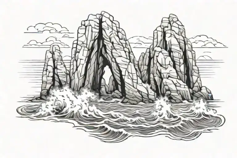 arch rock formation in cabo san lucas with the ocean hitting the rocks witj big waves tattoo design idea
