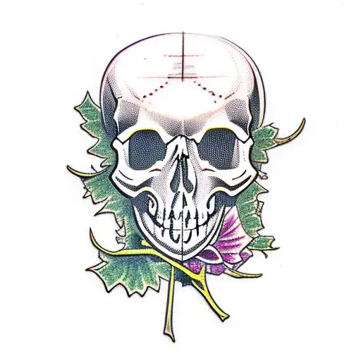 skull with eremurus and ginkgo leaves tattoo design idea