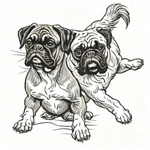 A boxer dog and a pekingese dog playfully chasing each other, capturing the client's love for their favorite pets tattoo design idea