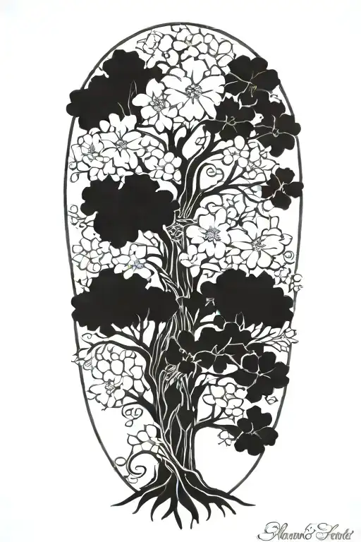 A family tree design with each branch representing a family member and their birth flower incorporated (e.g., holly, narcissus, larkspur, etc.) tattoo design idea