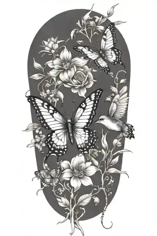 July, September, December birth flowers, butterfly, hummingbird  intertwined and interacting   tattoo design idea