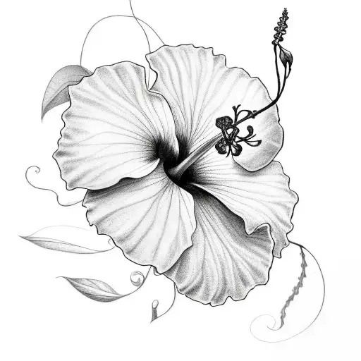 6 hibiscus flowers with vines and leaves in black tattoo design idea