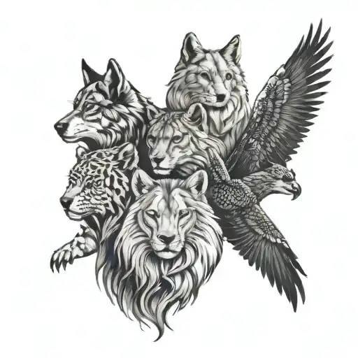 3 lions, a black Labrador, a black and white cat, an owl, an eagle and a wolf tattoo design idea