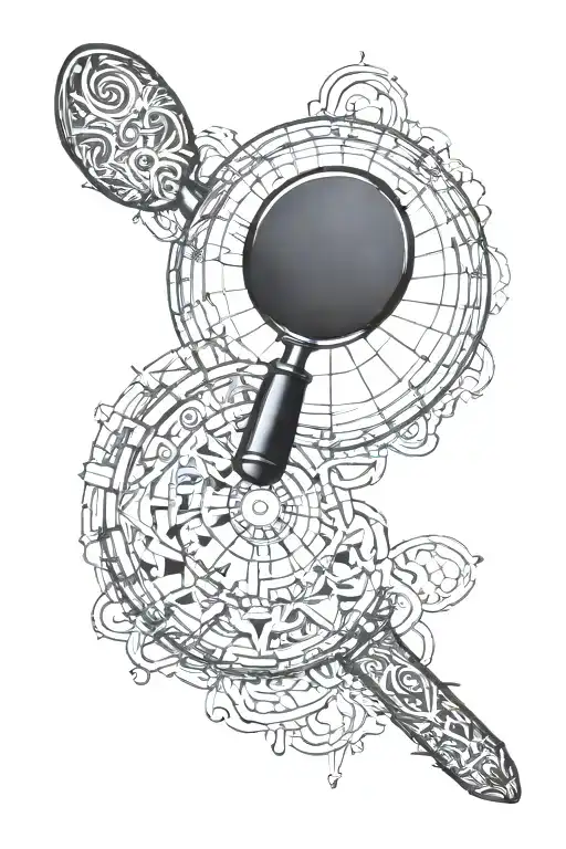 A magnifying glass with intricate patterns and clues hidden within it, symbolizing the search for truth and justice in criminology and law tattoo design idea