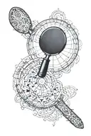 A magnifying glass with intricate patterns and clues hidden within it, symbolizing the search for truth and justice in criminology and law tattoo design idea