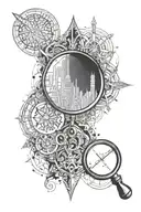 A magnifying glass with intricate patterns and clues hidden within it, symbolizing the search for truth and justice in criminology and law tattoo design idea