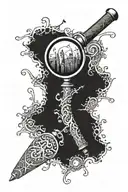 A magnifying glass with intricate patterns and clues hidden within it, symbolizing the search for truth and justice in criminology and law tattoo design idea