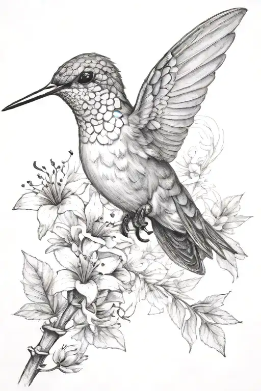  realistic hummingbird and dragonfly and wildflowers  tattoo design idea