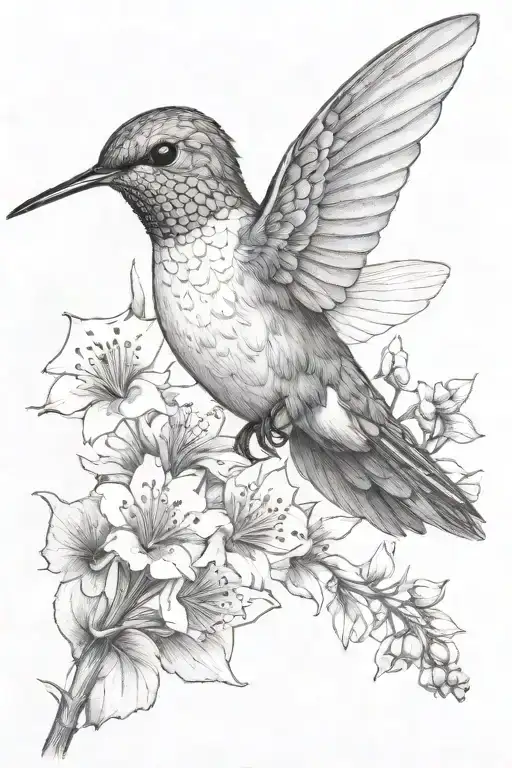small realistic hummingbird flying above dragonflies and wildflowers  tattoo design idea