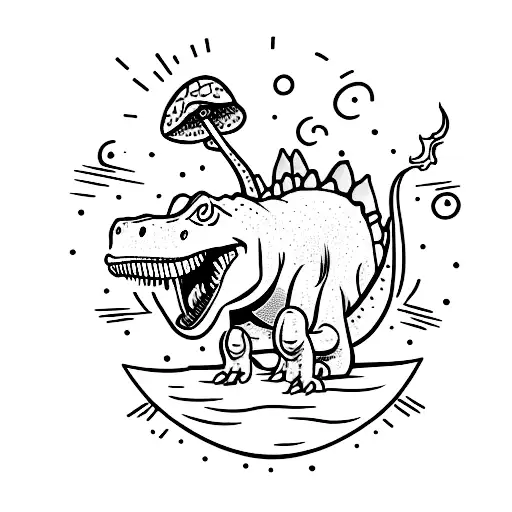 tramp stamp of a dinosaur sitting on a mushroom surrounded by flames tattoo design idea