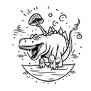 tramp stamp of a dinosaur sitting on a mushroom surrounded by flames tattoo design idea