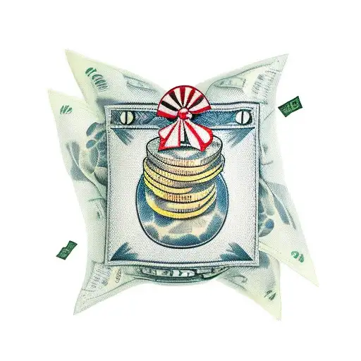 money bag floating money symbols around it tattoo design idea