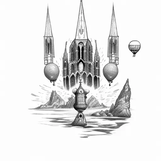 balloon with gotic church tattoo design idea