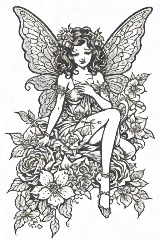 Fairy sitting in flowers tattoo design idea