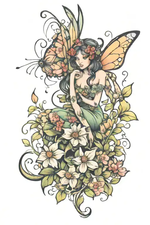 Fairy sitting in flowers tattoo design idea