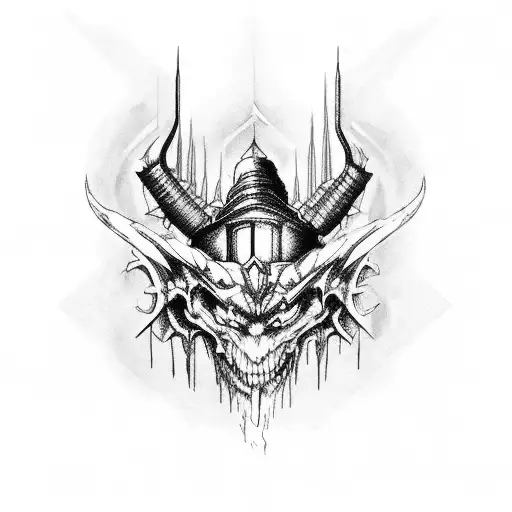 Engineer's blueprint of a demonic castle tattoo design idea