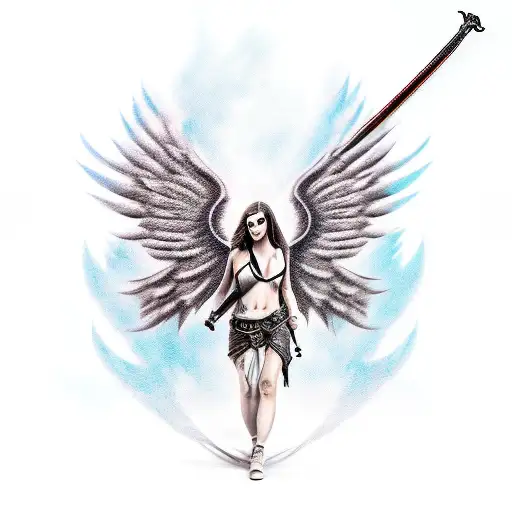 dark angel with open wings and a sword in his hand tattoo design idea