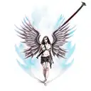 dark angel with open wings and a sword in his hand tattoo design idea