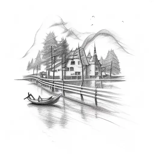 A sketch-style tattoo featuring a guitar neck transforming into a winding road leading to a beautiful Dutch landscape tattoo design idea