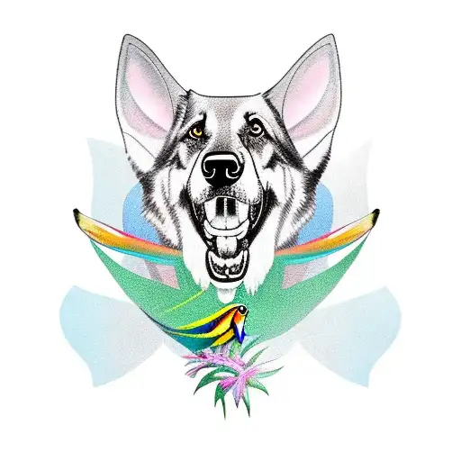 a dog which is a mix between a German shepherd and a leonberg, with bird of paradise flowers tattoo design idea