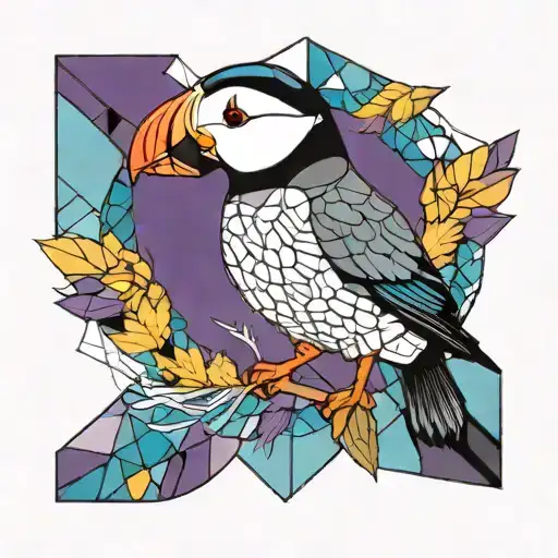 cute puffin with a purple, yellow, and light blue stain glass background tattoo design idea