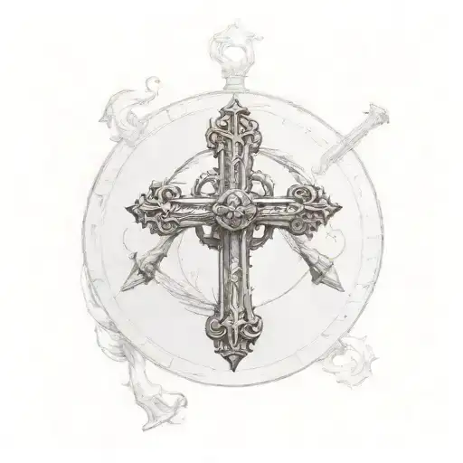 Create a tattoo of the cross of Burgundy with a Spanish halberd  and a morrión that will be placed on the right pectoral tattoo design idea