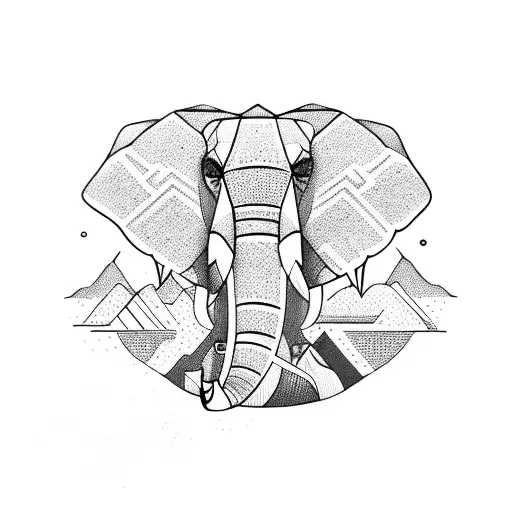 Geometric circular pattern with a mountain next to half elephant face underneath  tattoo design idea